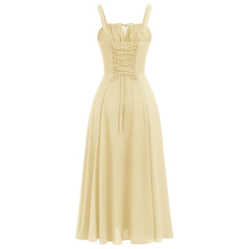 AGYMNX Women's Corset Dress Formal Cocktail Dresses Going Out Casual Sundress Split Thigh Spaghetti Strap Vintage Dress Yellow - Image 2