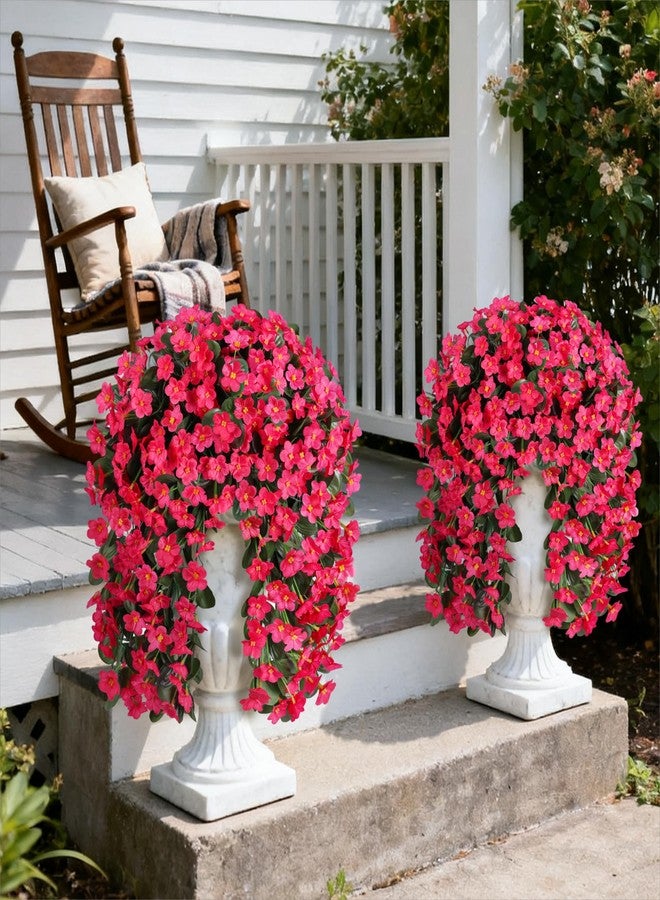florisso Artificial Fake Hanging Plants Flowers for Outdoor 2 PCS Faux Silk Morning Glory Vines Stems UV Resistant for Wall Home Porch Patio Party Wedding Decor (Hotpink) - Image 2