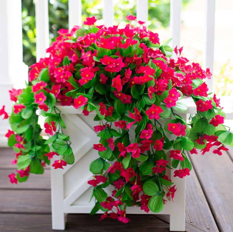florisso Artificial Fake Hanging Plants Flowers for Outdoor 2 PCS Faux Silk Morning Glory Vines Stems UV Resistant for Wall Home Porch Patio Party Wedding Decor (Hotpink) - Image 1