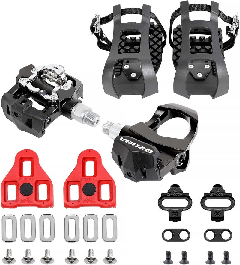 Venzo Sealed Fitness Exercise Indoor Bike Bicycle Pedals & Cleats - Compatible with Peloton, Look Delta & Shimano SPD - with Toe Cages Pedals Set or Cage Removal Tool for Indoor Fitness Exercise - Image 1