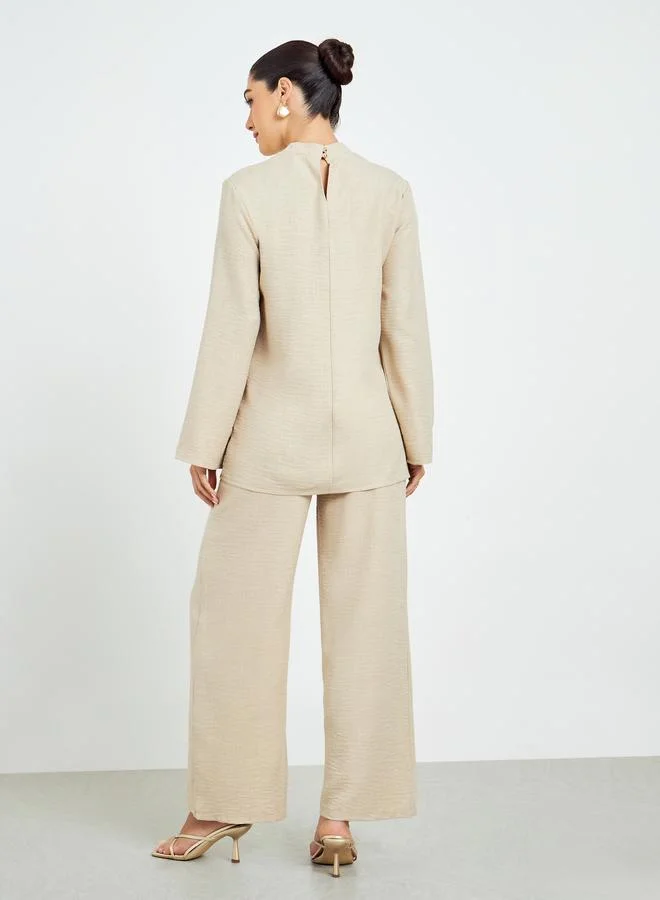 Amirah  Beige Oversized Top and Wide Leg Pants Modest Set for Women | Best Price UAE