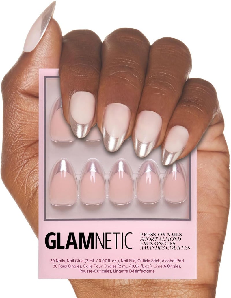 Glamnetic Budget global standard quality Press On Nails - Mirror Mirror | Trendy Short Almond Nails with Metallic Chrome Silver French Tips | 15 Sizes - 30 Nail Kit with Glue Dense area priority deliver - Image 1