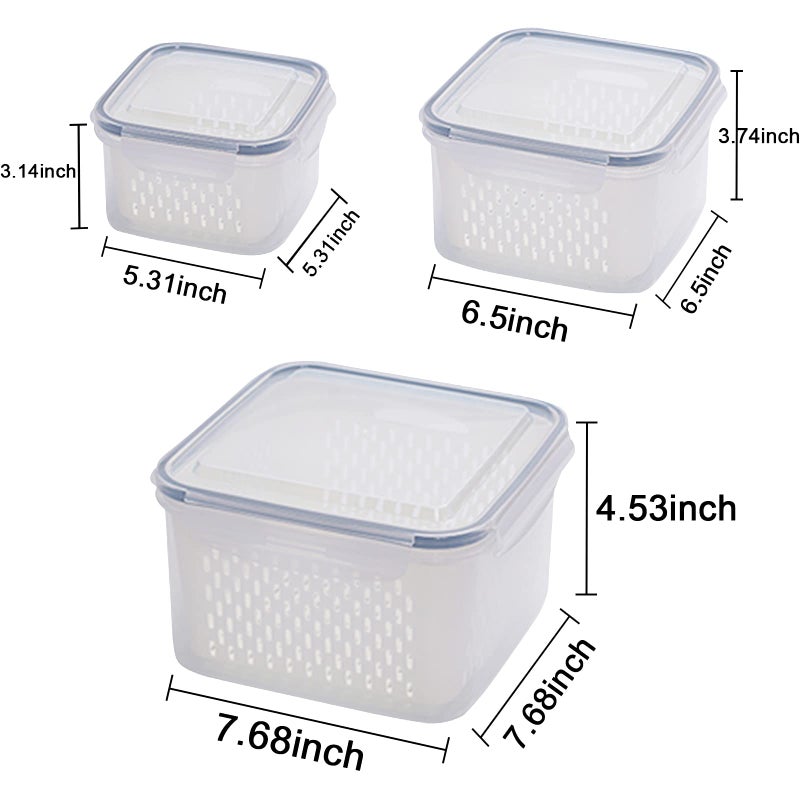 Ronanemon 3Pack Fridge Food Storage Container Set with Lids with Strainer, Fruit Vegetable Storage Containers Keep Fruits, Vegetables, Berry, Meat Fresh longer, BPA-Free Plastic Produce Keepers - Image 4