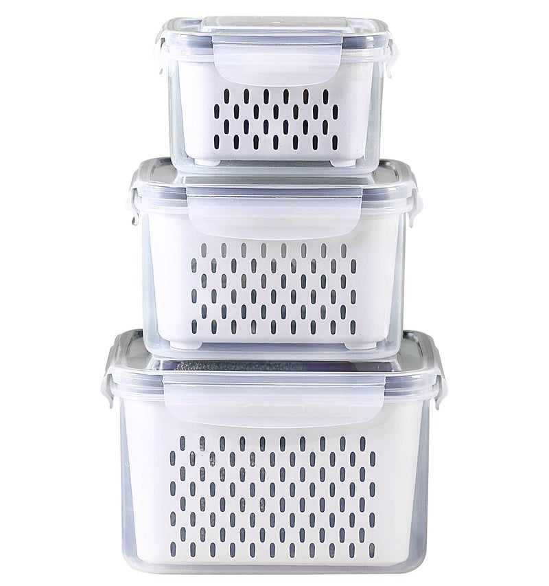 Ronanemon 3Pack Fridge Food Storage Container Set with Lids with Strainer, Fruit Vegetable Storage Containers Keep Fruits, Vegetables, Berry, Meat Fresh longer, BPA-Free Plastic Produce Keepers - Image 1