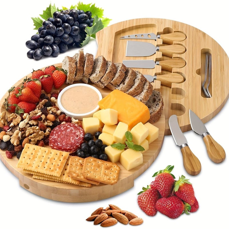 Bamboo Cheese And Cutting Board Set With Drawer 22x22x4 - Image 1