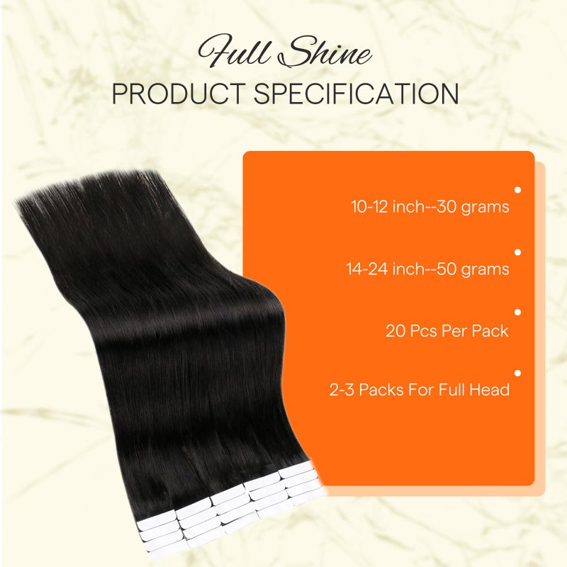 Fshine Full Shine Tape in Hair Extensions 10 Inch 30 Grams Seamless Skin Weft Human Hair Tape in Extensions Color 1B Off Black Invisible Double Sided Remy Extensions for Women 20 Pieces Add Volume - Image 3