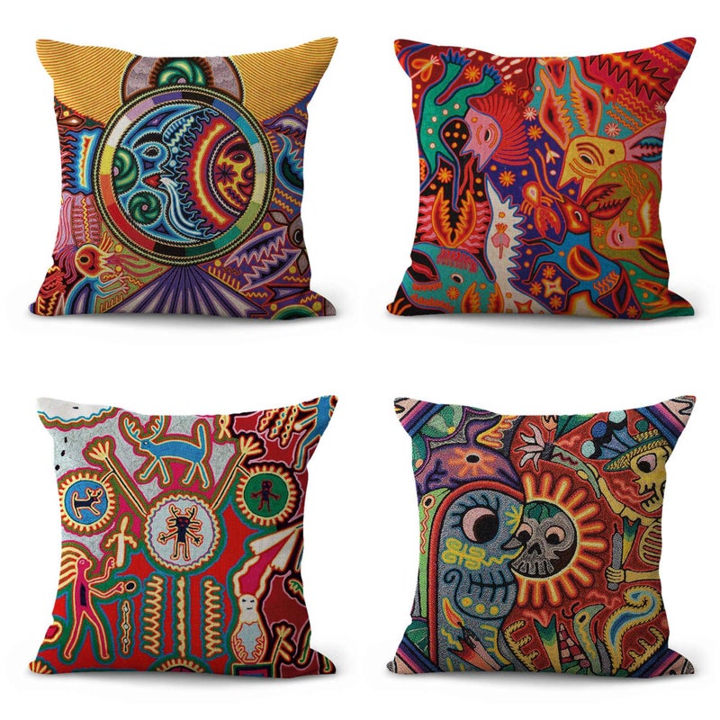 ArtSocket Set of 4 Linen Throw Pillow Covers Mexican Huichol Decorative Pillow Cases Home Decor Square 18x18 inches Pillowcases