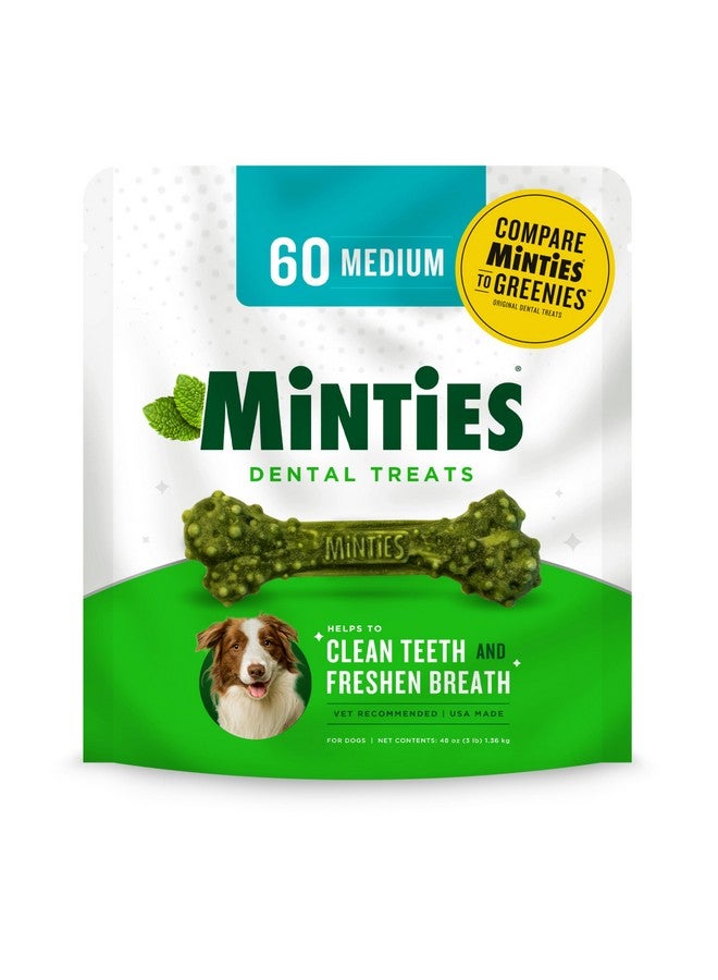 Minties Dental Chews for Dogs, 60 Count, Vet-Recommended Mint-Flavored Dental Treats for Medium Dogs 25-50 lbs, Dental Bones Clean Teeth, Fight Bad Breath, and Removes Plaque and Tartar - Image 1