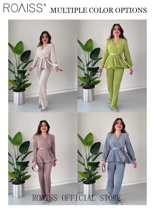 roaiss 2Pcs Advanced Solid Color Pleated Suit for Women Ruffled Hem Tie-Waisted Long Sleeve and Drape Fabric Straight Trousers Ladies Elegant Temperament Comfort Skin-Friendly Set Look Slim - Image 4