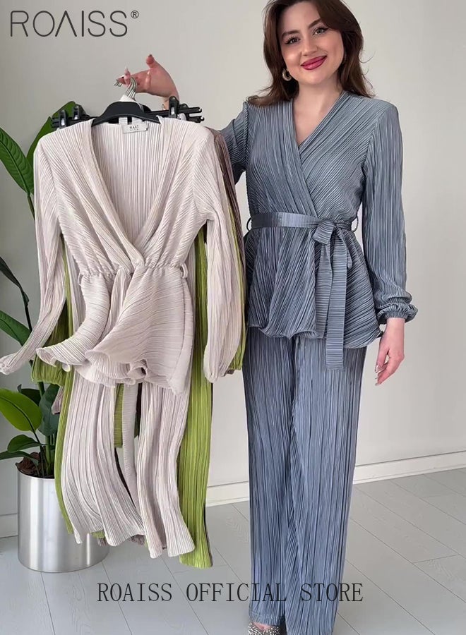 roaiss 2Pcs Advanced Solid Color Pleated Suit for Women Ruffled Hem Tie-Waisted Long Sleeve and Drape Fabric Straight Trousers Ladies Elegant Temperament Comfort Skin-Friendly Set Look Slim - Image 2