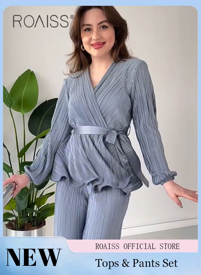 roaiss 2Pcs Advanced Solid Color Pleated Suit for Women Ruffled Hem Tie-Waisted Long Sleeve and Drape Fabric Straight Trousers Ladies Elegant Temperament Comfort Skin-Friendly Set Look Slim - Image 1