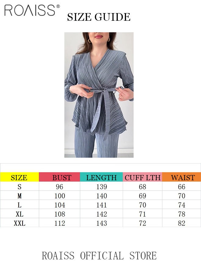 roaiss 2Pcs Advanced Solid Color Pleated Suit for Women Ruffled Hem Tie-Waisted Long Sleeve and Drape Fabric Straight Trousers Ladies Elegant Temperament Comfort Skin-Friendly Set Look Slim - Image 5