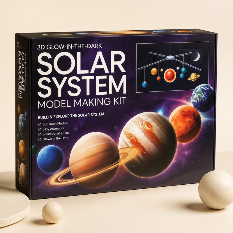 Educational science kit for classroom or home use: 3D glow-in-the-dark solar system mobile made of durable plastic in deep blue and silver, featuring luminous planets and easy assembly - Image 1