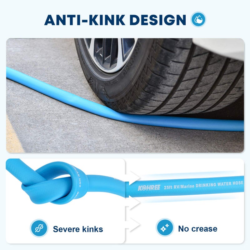 Kohree Kohree 25FT RV Water Hose with Storage Bag, 5/8'' Premium Drinking Water Hose Leak Free, No Kink and Flexible Garden Hose for RV, Camper, Truck, Car - Blue  - Image 2
