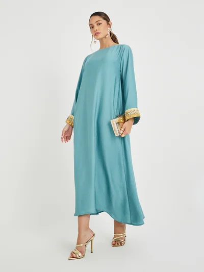 Styli Amirah Crinkled Lace Hem Wide Sleeves Jalabiya