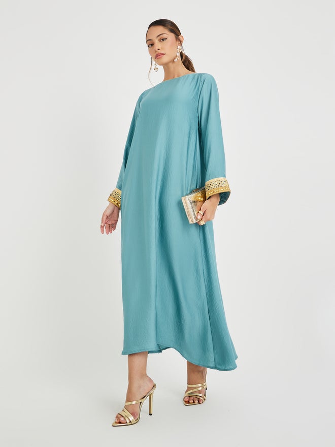 Styli Amirah Crinkled Lace Hem Wide Sleeves Jalabiya  - Image 1