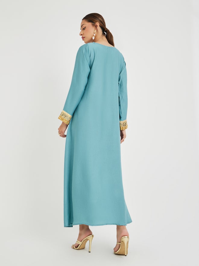 Styli Amirah Crinkled Lace Hem Wide Sleeves Jalabiya  - Image 5