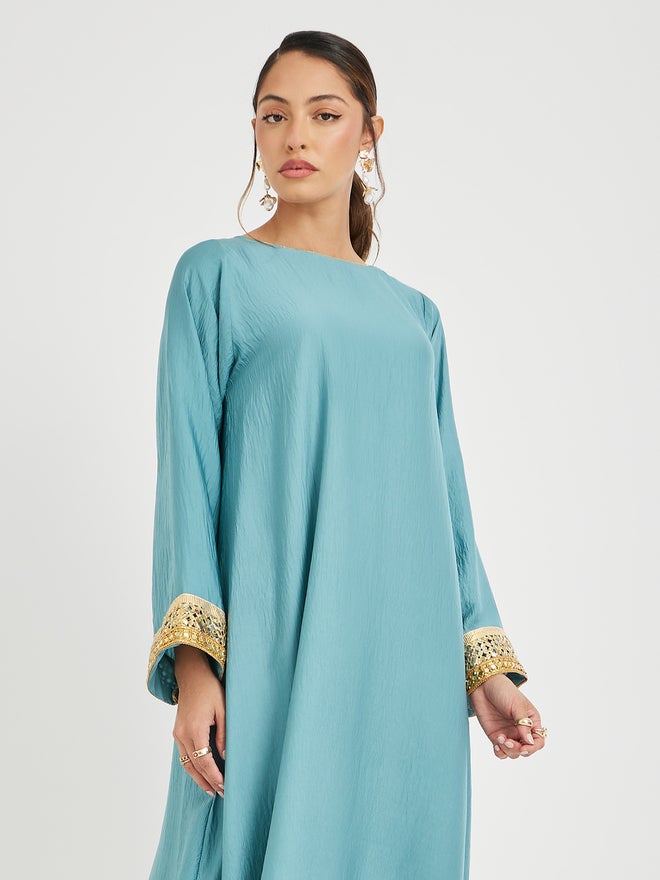 Styli Amirah Crinkled Lace Hem Wide Sleeves Jalabiya  - Image 2