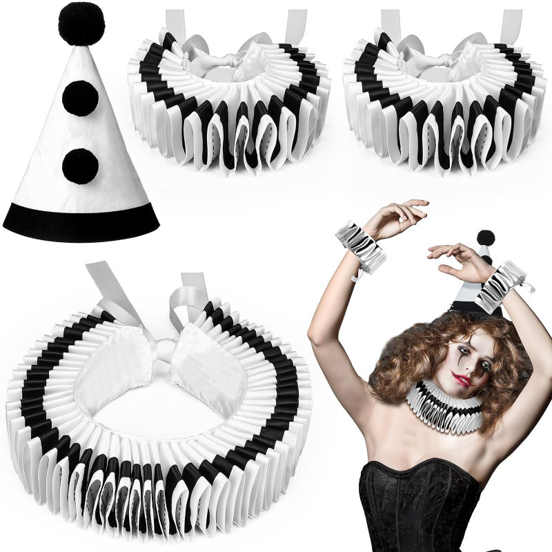 Maiteenly Collar Cuff Set Clown Accessories Elizabethan Renaissance Neck Ruff Clown Collar CuffsBlack White - Image 2