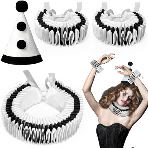 Maiteenly Collar Cuff Set Clown Accessories Elizabethan Renaissance Neck Ruff Clown Collar CuffsBlack White - Image 1