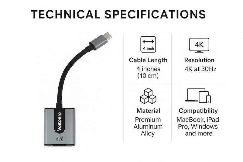 VOLTAURA 4K@30Hz Type-C to HDMI Adapter, High-Speed USB-C to HDMI Converter for Ultra HD Video & Audio Output, Compatible with Laptops, Tablets, Smartphones, and More - Image 2