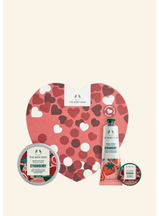 Strawberry Heart Gift Box – Body Butter (50ml), Hand Cream (30ml) & Lip Butter (10ml) Set | Sweet-Scented Skincare Trio, Perfect Valentine’s Day Gift