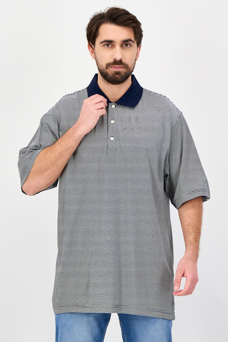 Greg Norman Men Regular Fit Short Sleeve Stripe Polo Shirt, Navy - Image 1