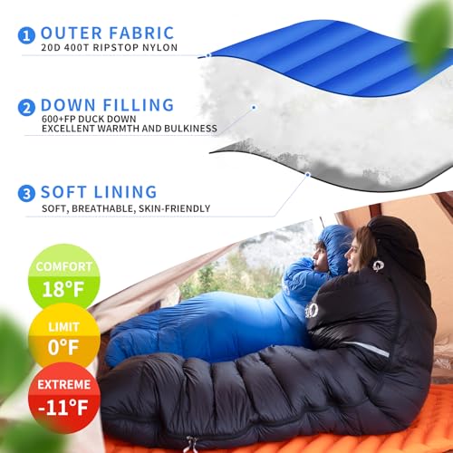 QEZER Down Sleeping Bag for Adults 0 Degree 600 Fill Power Cold Weather Ultralight Sleeping Bag with Compression Sack for Backpacking, Hiking, Camping - Image 3