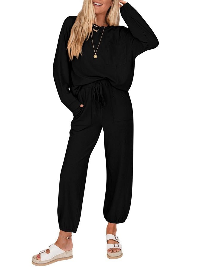 KIRUNDO Lounge Sets for Women 2026 Spring Airport Travel Outfits Ribbed Knit Tops Jogger Pants Tracksuit Postpartum Comfy Set, Black, S - Image 1