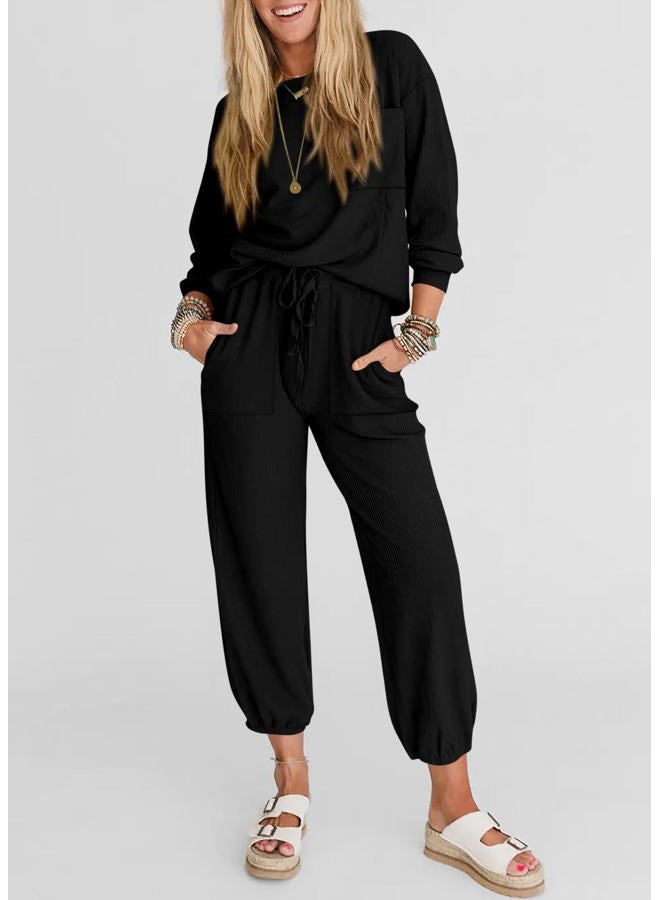 KIRUNDO Lounge Sets for Women 2026 Spring Airport Travel Outfits Ribbed Knit Tops Jogger Pants Tracksuit Postpartum Comfy Set, Black, S - Image 4