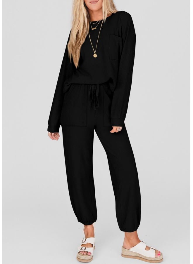 KIRUNDO Lounge Sets for Women 2026 Spring Airport Travel Outfits Ribbed Knit Tops Jogger Pants Tracksuit Postpartum Comfy Set, Black, S - Image 2