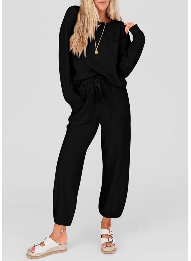 KIRUNDO Lounge Sets for Women 2026 Spring Airport Travel Outfits Ribbed Knit Tops Jogger Pants Tracksuit Postpartum Comfy Set, Black, S - Image 3