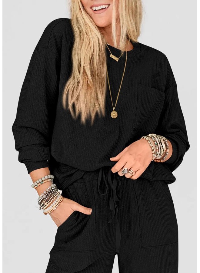KIRUNDO Lounge Sets for Women 2026 Spring Airport Travel Outfits Ribbed Knit Tops Jogger Pants Tracksuit Postpartum Comfy Set, Black, S - Image 5