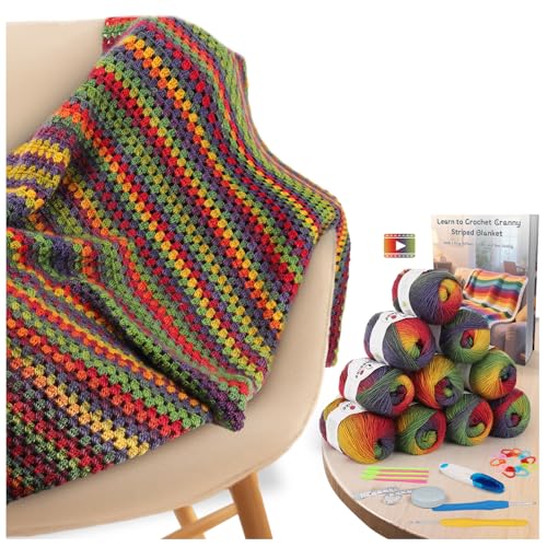 Aeelike Crochet Blanket Kit for Beginners Vintage Rainbow Blanket Complete Starter Crochet Kit w Enough Warm Ombre Wool Yarn Videos Tutorials Easy Knitting Kits for Adults - Image 1