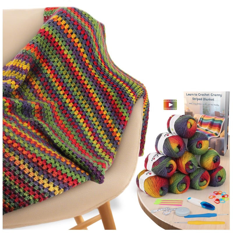 Aeelike Crochet Blanket Kit for Beginners Vintage Rainbow Blanket Complete Starter Crochet Kit w Enough Warm Ombre Wool Yarn Videos Tutorials Easy Knitting Kits for Adults - Image 2