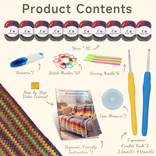 Aeelike Crochet Blanket Kit for Beginners Vintage Rainbow Blanket Complete Starter Crochet Kit w Enough Warm Ombre Wool Yarn Videos Tutorials Easy Knitting Kits for Adults - Image 3