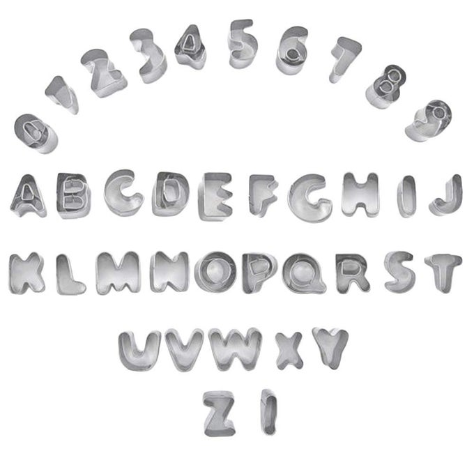 LETTER AND NUMBER FONDANT COOKIE FRUIT CUTTERS SET METAL MINI 26 CAPITAL LETTERS AND 09 NUMBERS 36PCS TOOLS FOR COOKIE STAINLESS STEEL MOLD