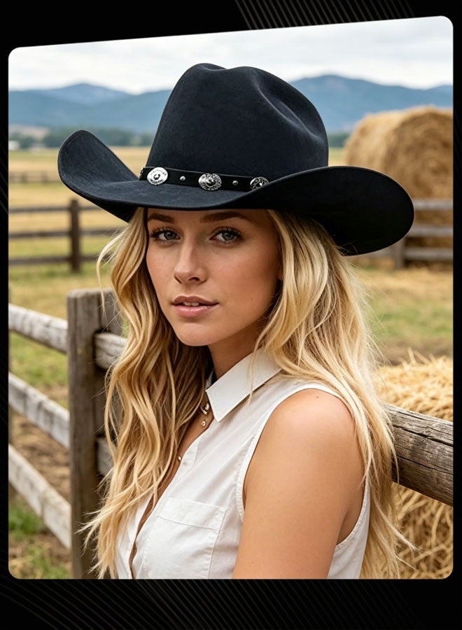 Joychic Women & Men Felt Western Cowboy Hat Classic Roll Up Brim Buckle Lightweight Fedora Black - Image 2