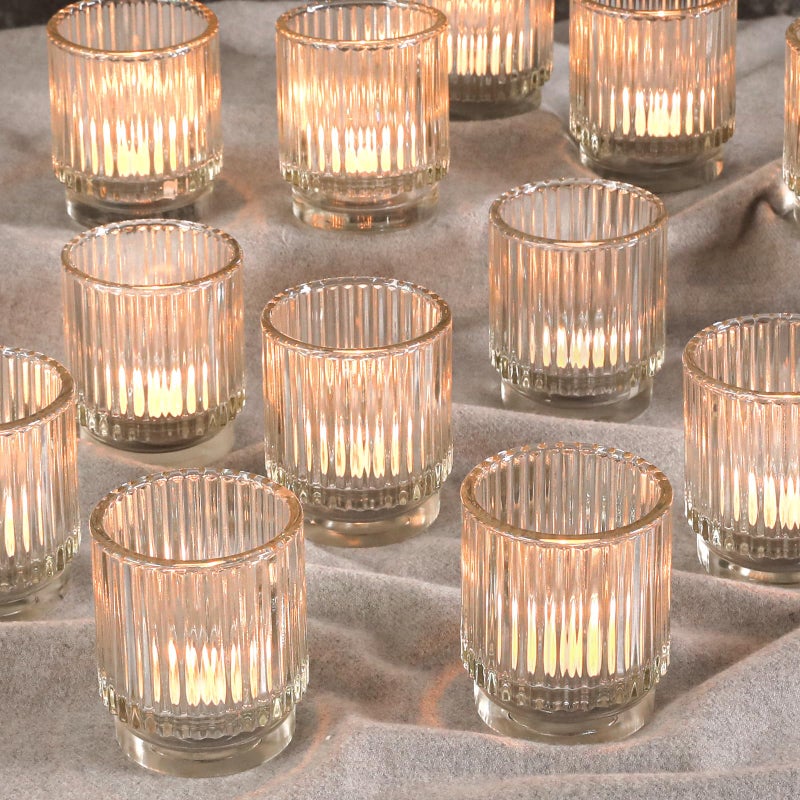 saiguomi Vintage Ribbed Clear Glass Tealight & Votive Candle Holders (Set of 12), Wedding Bridal Shower Party Table Decor, Fall Decor, Boho Decor, Shelf Decoration - Image 1