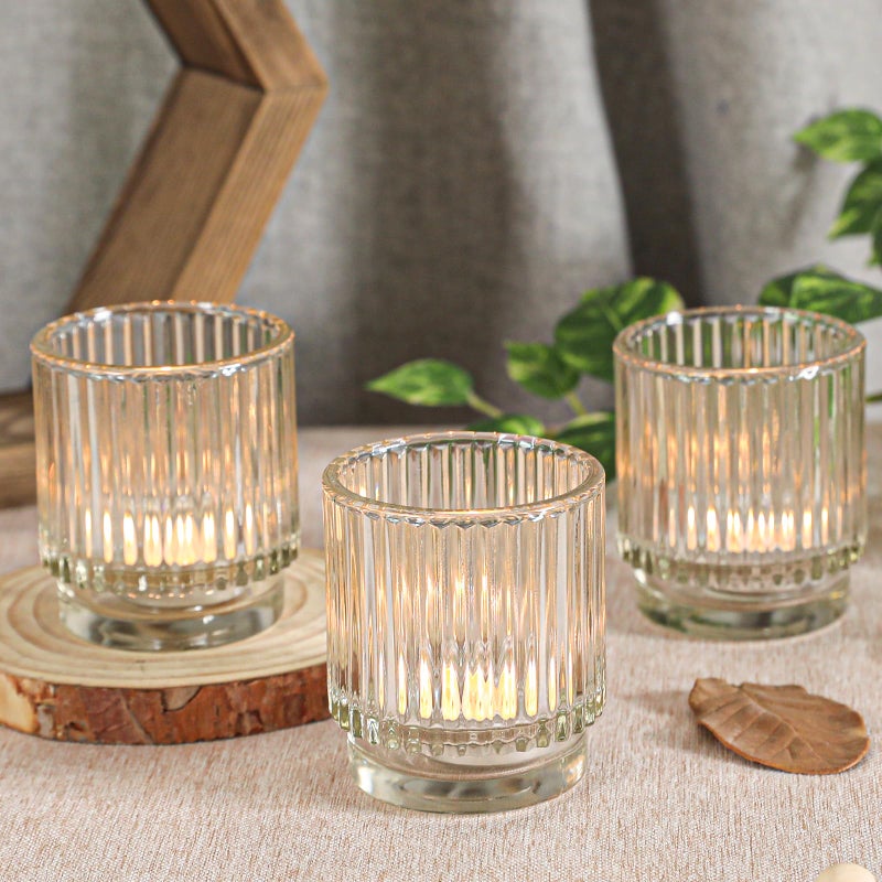 saiguomi Vintage Ribbed Clear Glass Tealight & Votive Candle Holders (Set of 12), Wedding Bridal Shower Party Table Decor, Fall Decor, Boho Decor, Shelf Decoration - Image 4