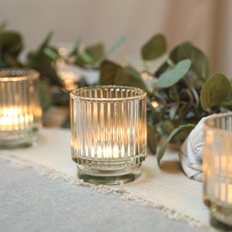 saiguomi Vintage Ribbed Clear Glass Tealight & Votive Candle Holders (Set of 12), Wedding Bridal Shower Party Table Decor, Fall Decor, Boho Decor, Shelf Decoration - Image 5