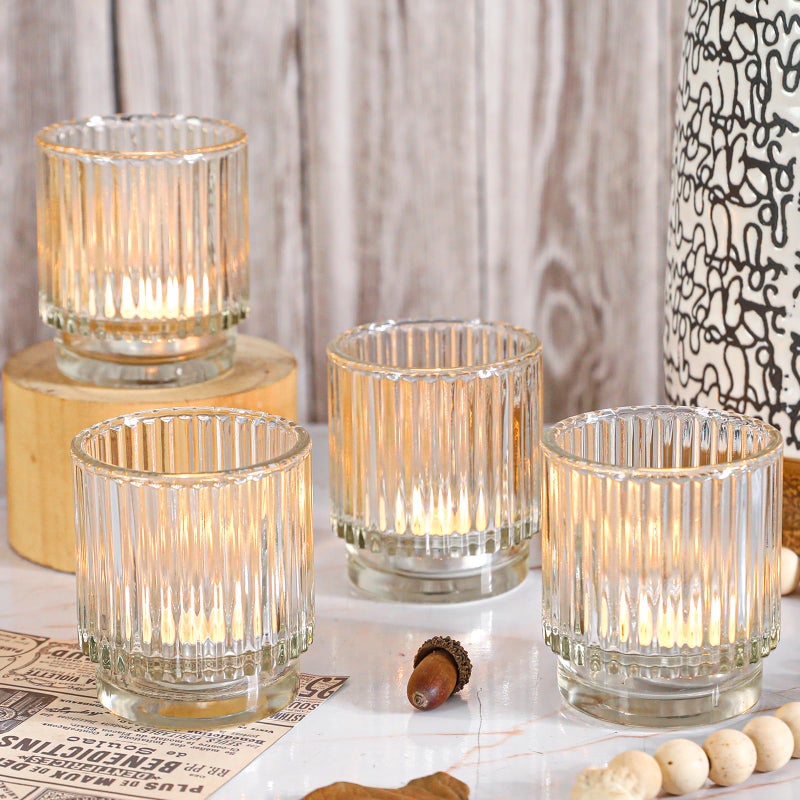 saiguomi Vintage Ribbed Clear Glass Tealight & Votive Candle Holders (Set of 12), Wedding Bridal Shower Party Table Decor, Fall Decor, Boho Decor, Shelf Decoration - Image 3