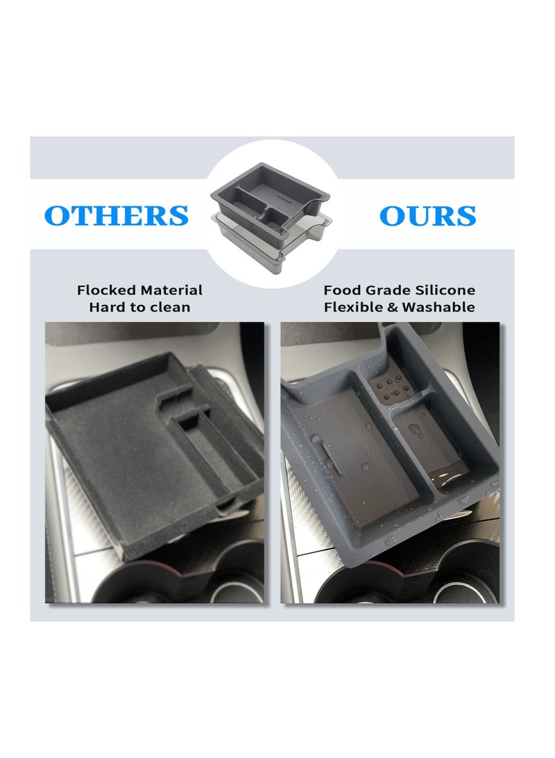 SOLARAE Light Transmission Design Center Console Organizer Tray For 2021 2023 Tesla Model Y Model 3, Washable Silicone Liner Refresh Console Model 3 Model Y Accessories, 3 Compartments, Gray Trim - Image 5