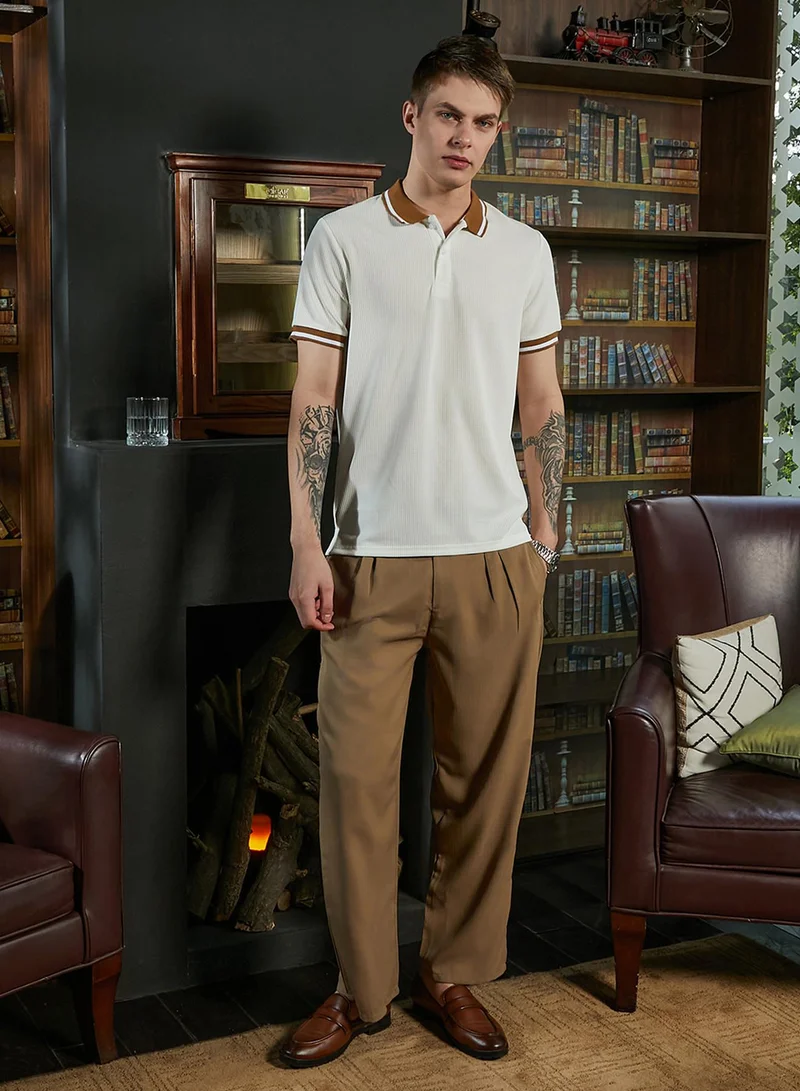 Campus Sutra Campus Sutra Men's Cream White Chainlink-Ribbed Polo T-Shirt For Casual Wear | Polo Neck | Short Regular Sleeves | Half-Button Closure | T-Shirt Crafted With Comfort Fit For Everyday Wear