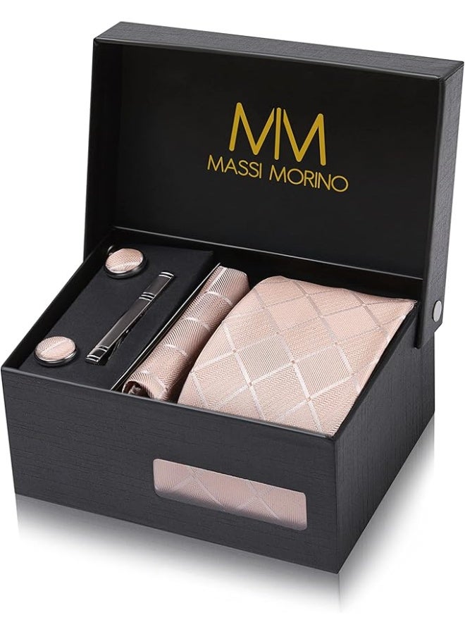 Massi Morino Mens Tie Set Silky Necktie With Pocket Square Cufflinks And Tie Clip For Wedding Champagne Square One Size