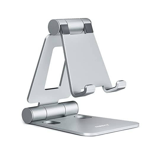 Nulaxy Dual Folding Cell Phone Stand, Fully Adjustable Foldable Desktop Phone Holder Cradle Dock Compatible with iPhone 17 16 15 14 13 12 11 Pro Max Xs Xr X 8, Nintendo Switch, All Phones - Silver - Image 1