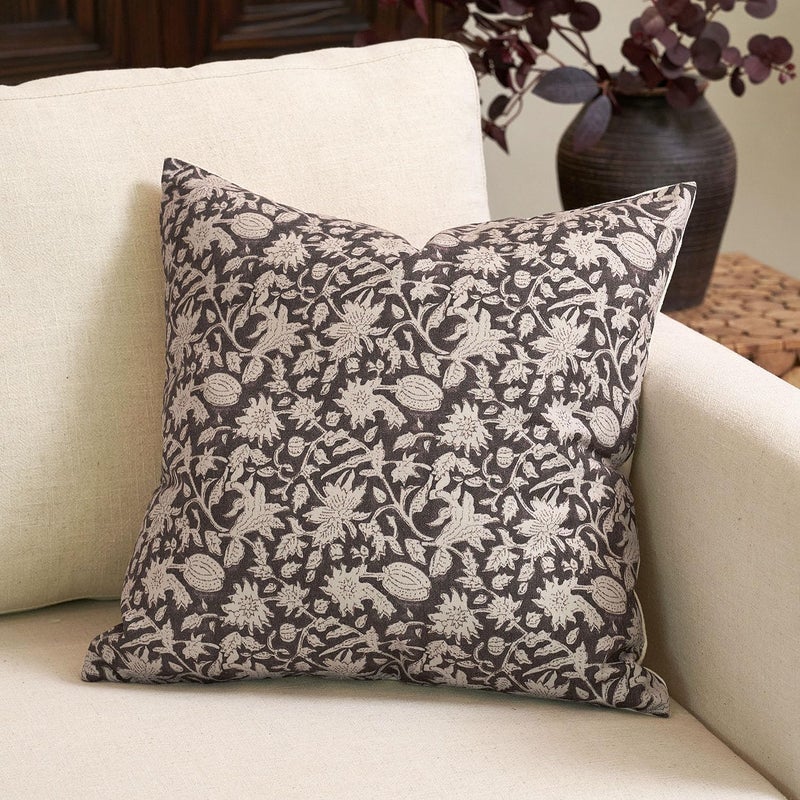 Amor Virisso Floral Throw Pillow Covers 18x18 Couch Pillows for Living Room Decorative Accent Pillow Covers Block Print Farmhouse Neutral Pillow Covers Sofa Pillows 1PC, Dark Brown - Image 1