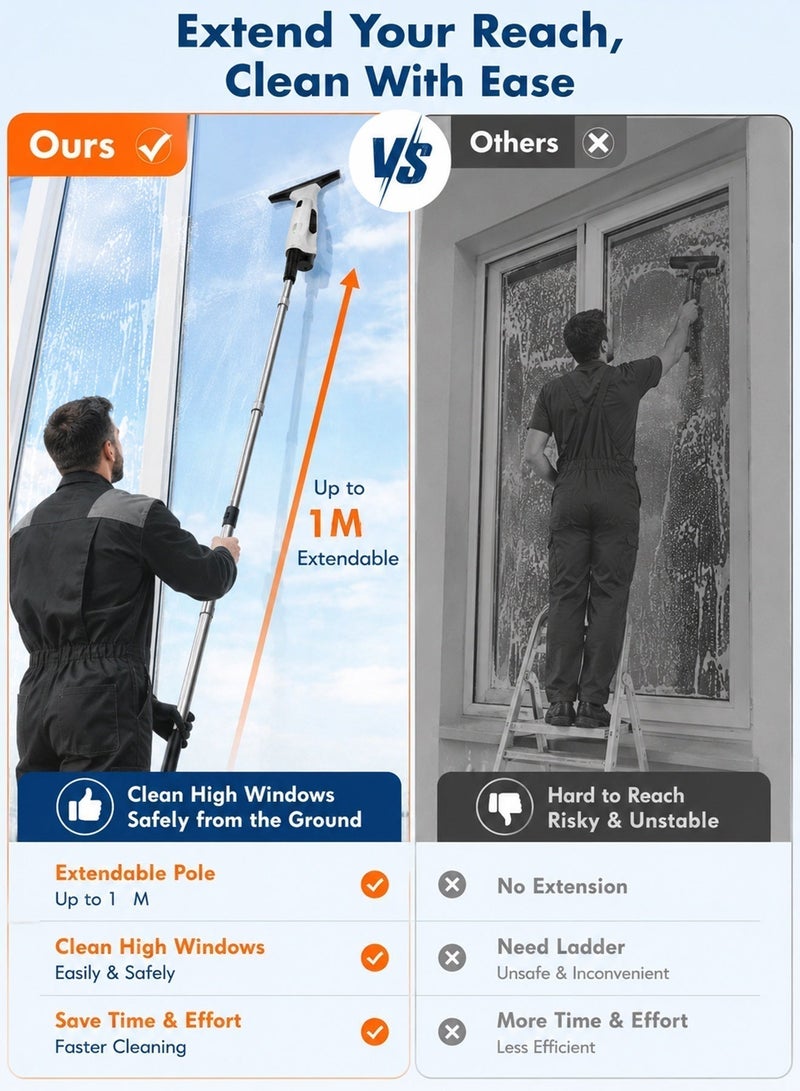 Ump Cordless Window Vacuum Cleaner, 2000Pa Handheld Window Squeegee, 2200mAh Rechargeable Window Vacuum Squeegee, Electric Cleaning Tool, Extension Pole, Spray Bottle & Microfiber Cloth – Shower Glass, Mirrors, Car Windows, Tiles & Windows - Image 2