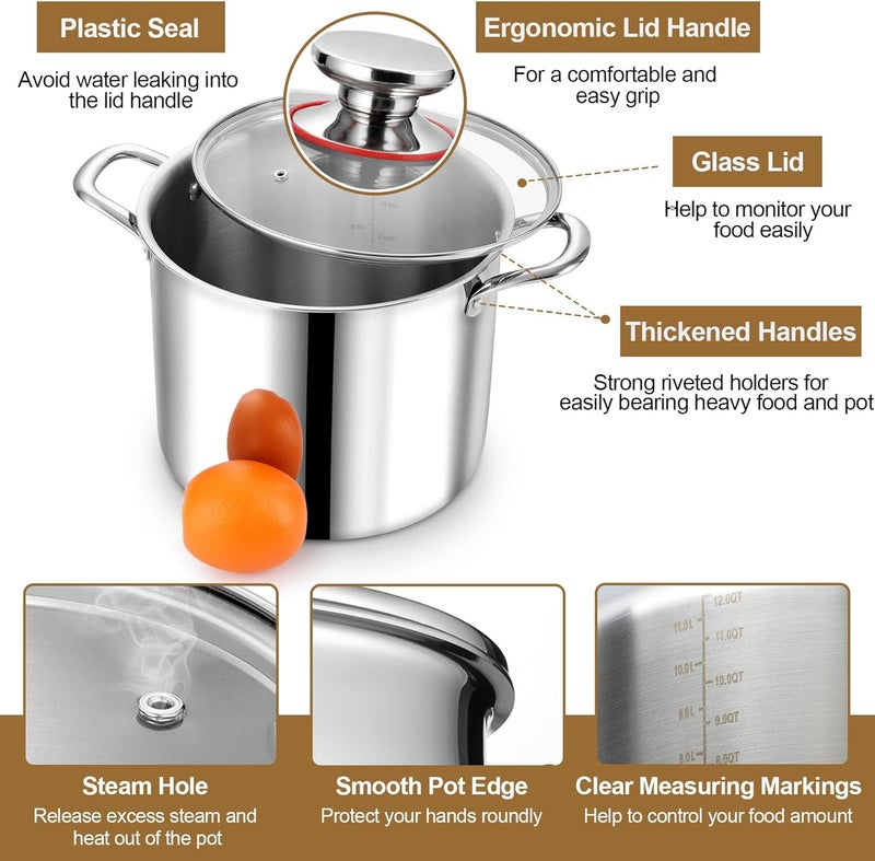 P&P CHEF 12 Quart Tri-Ply Stainless Steel Stockpot, Stock Pot with Visible Lid for Soup Pasta Vegetable, Induction Cooking Pot for All Stoves, Sturdy & Double Handle, Dishwasher Safe - Image 3
