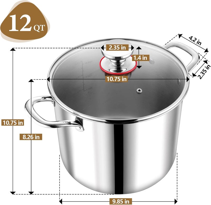 P&P CHEF 12 Quart Tri-Ply Stainless Steel Stockpot, Stock Pot with Visible Lid for Soup Pasta Vegetable, Induction Cooking Pot for All Stoves, Sturdy & Double Handle, Dishwasher Safe - Image 2
